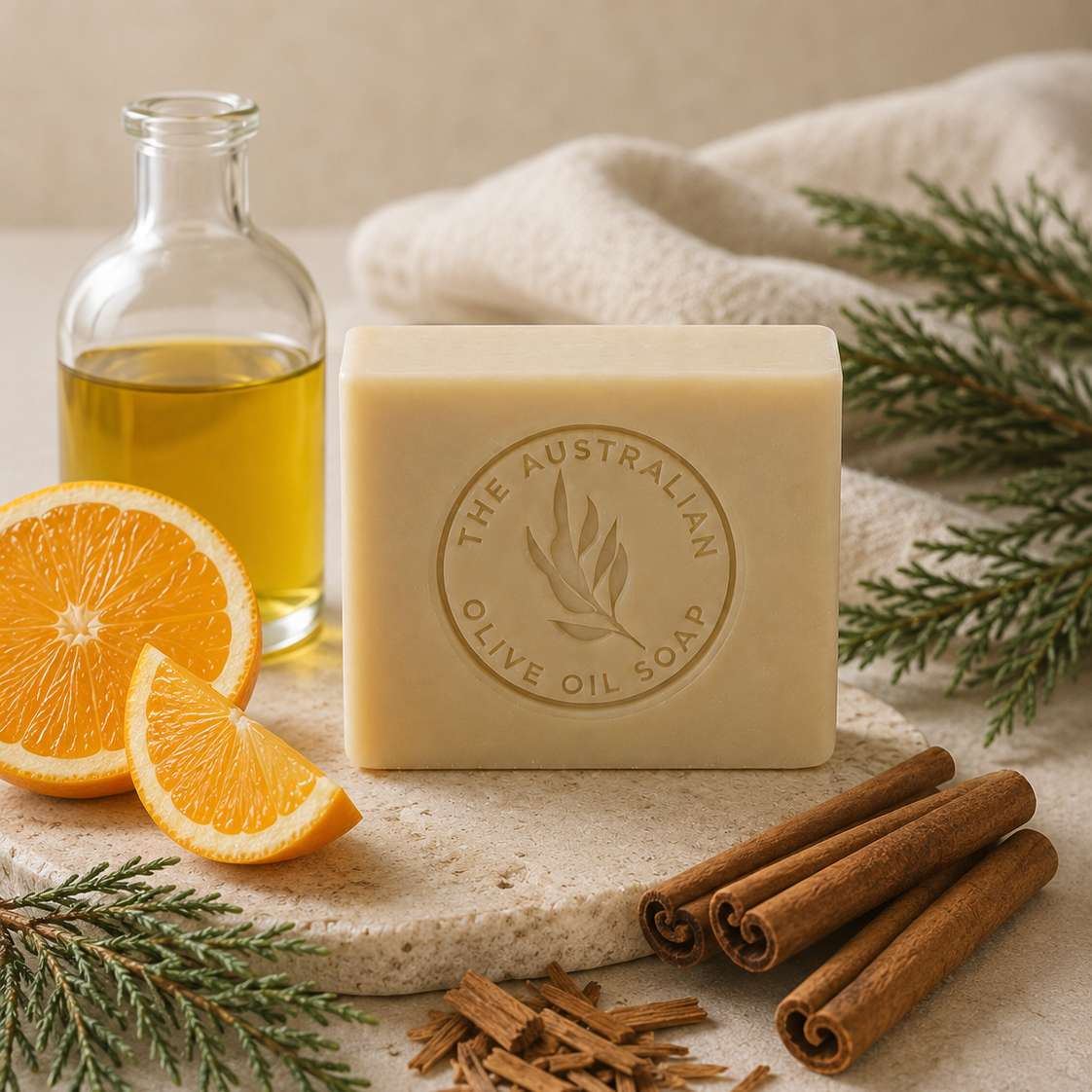 Bar of soap with 'The Australian Olive Oil Soap' branding, surrounded by oranges, olive oil, cinnamon sticks, and greenery on a neutral background.