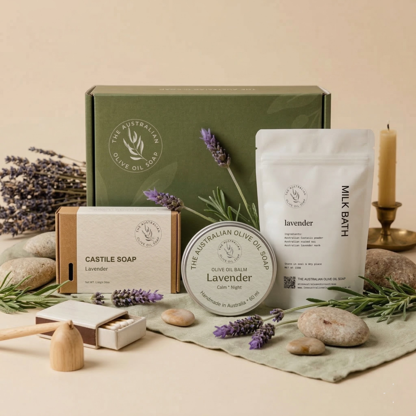 Collection of natural skincare and bath products with lavender on a beige background