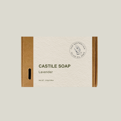 Box of Castile soap labeled 'Lavender'. The AUstralian Olive Oil Soap