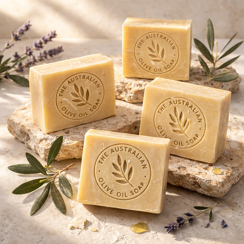 Four bars of The Australian Olive Oil Soap on a stone surface with olive branches and lavender flowers. THEAOOS