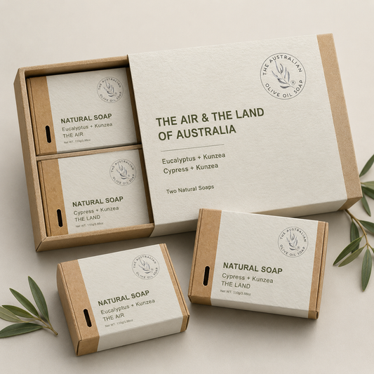 Set of natural soap bars in packaging with 'The Air & The Land of Australia' branding.