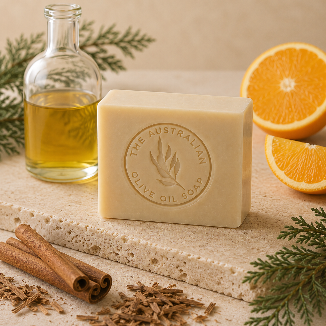 Bar of soap with 'The Australian Olive Oil Soap' logo, bottle of oil, oranges, cinnamon sticks, and herbs on a wooden surface.
