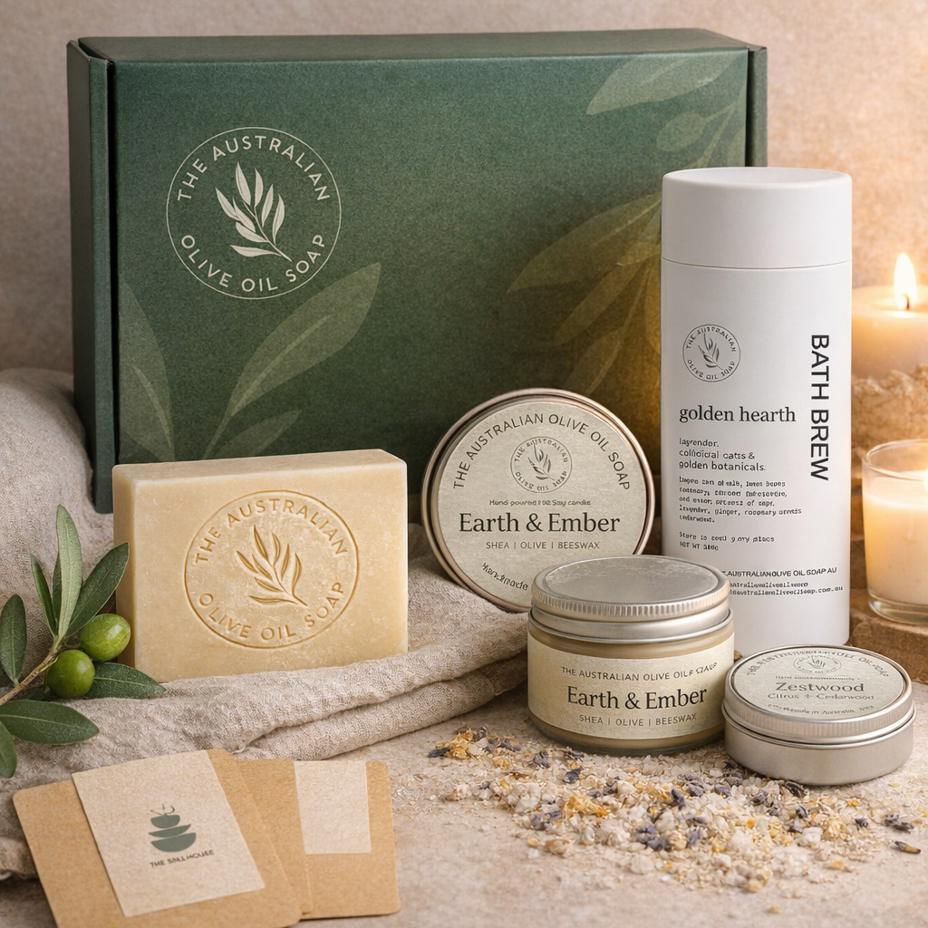 Collection of natural products including soap, candles, and containers on a textured surface - The Australian Olive Oil Soap