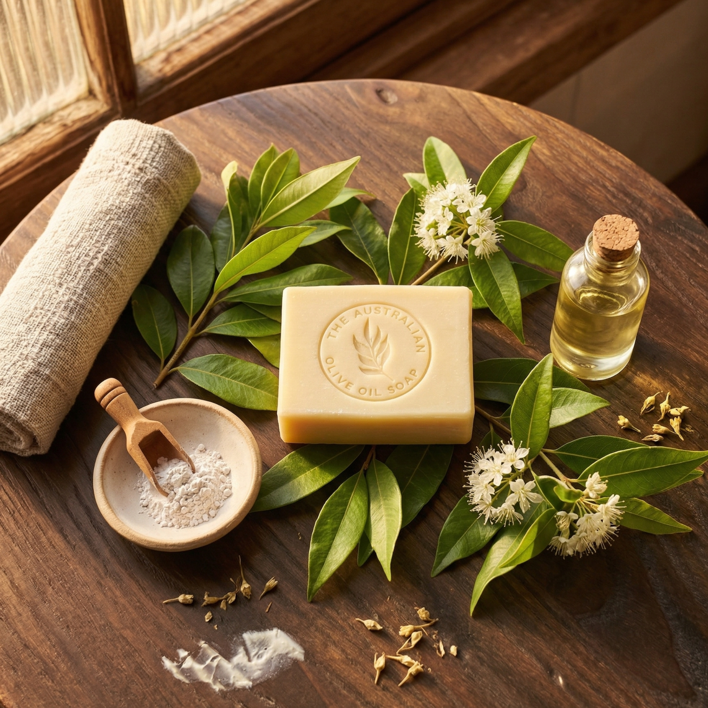 Suggestion
Bar of Castile soap with 'The Australian Olive Oil Soap' logo on a beige background with flowers.