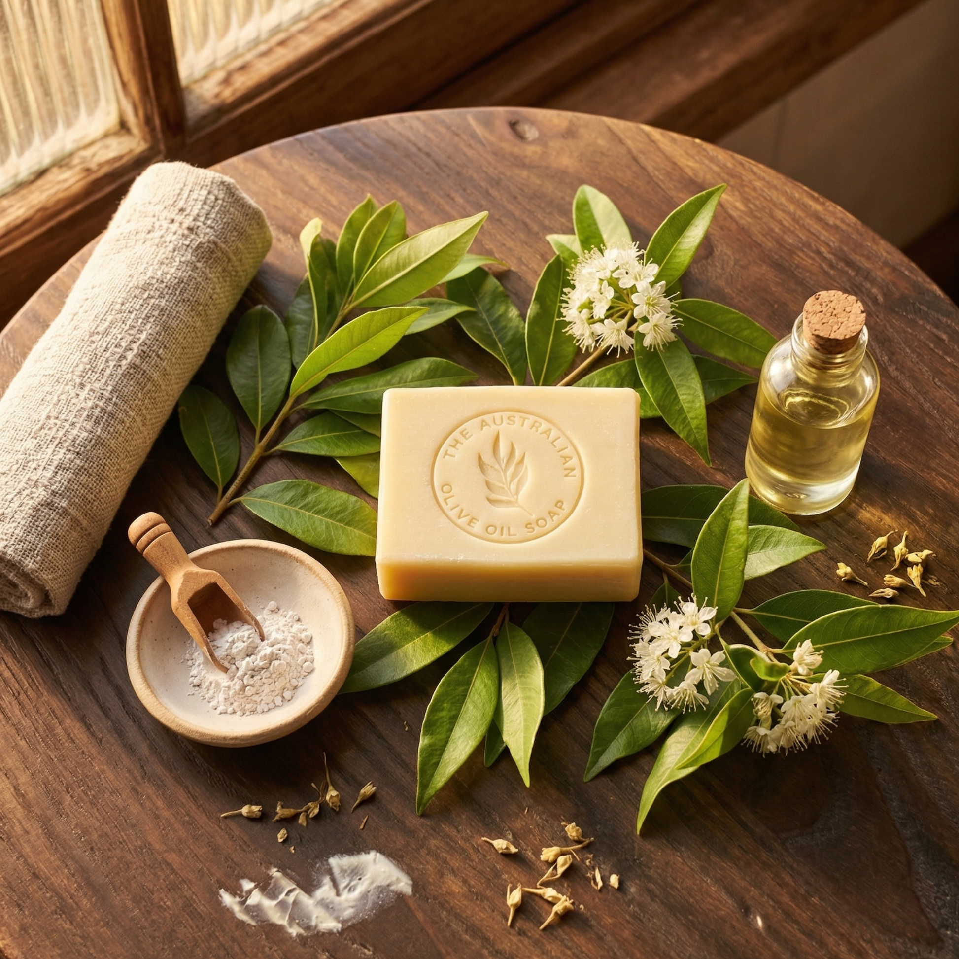 Suggestion
Bar of Castile soap with 'The Australian Olive Oil Soap' logo on a beige background with flowers.