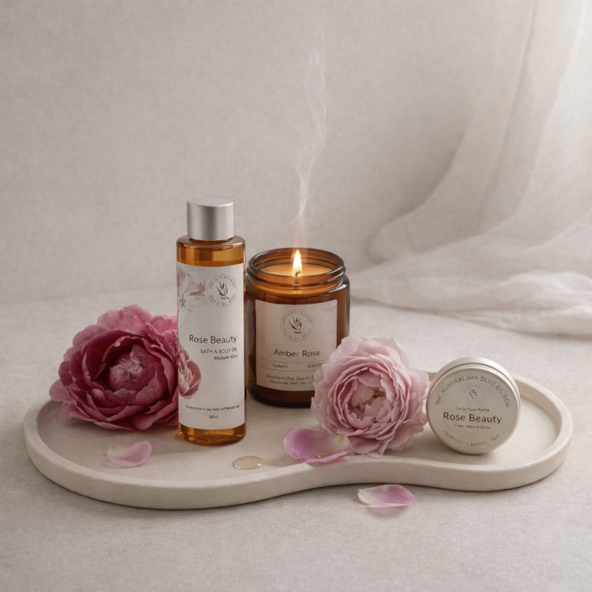 Rose Beauty products including a bottle, candle, and cream on a tray with pink flowers.