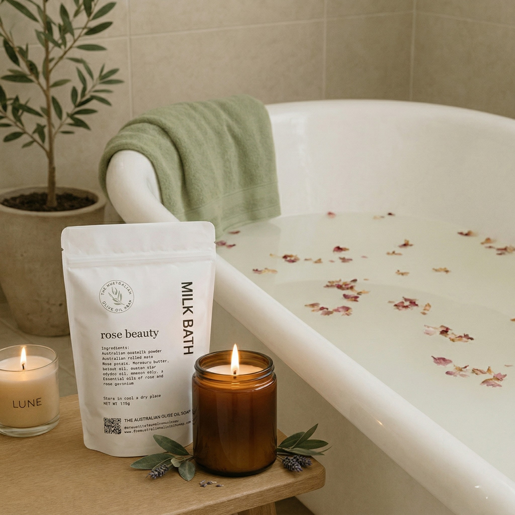 Milk bath package, candle, and plant by a bathtub with flowers.