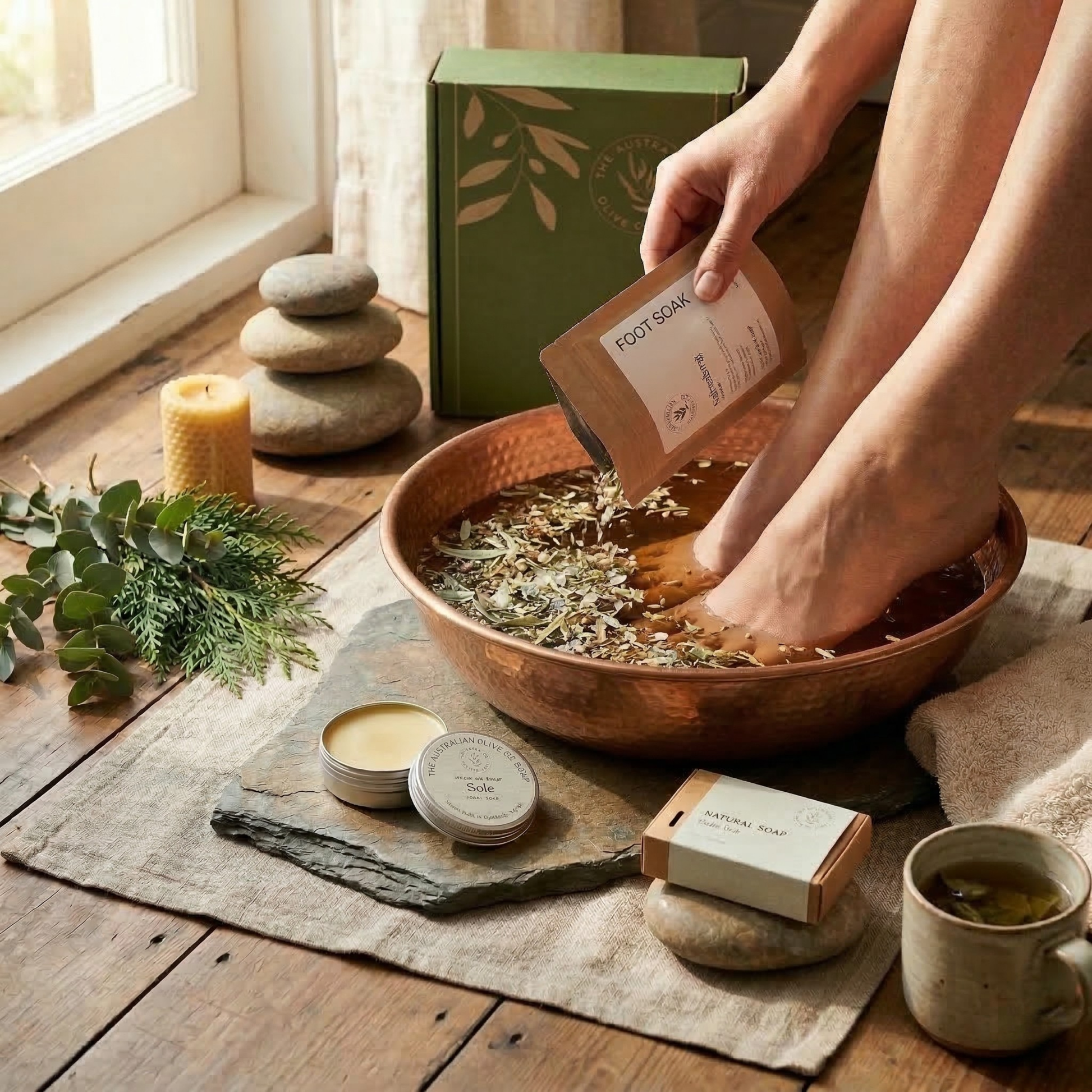 Person soaking feet in a wooden bowl with herbs on a wooden floor, surrounded by natural items.