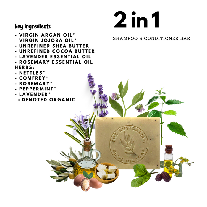 All goodness for hair and scalp in this shampoo bar | The Australian Olive Oil Soap